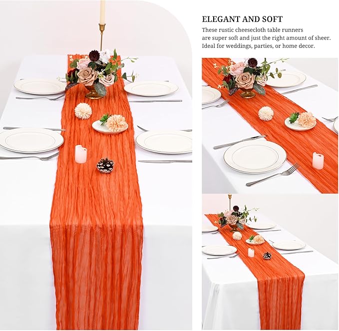 24 Pack Orange Cheesecloth Table Runner 120 inch Fall Thanksgiving Boho Rustic Gauze Farmhouse 10FT Cheese Cloth Runner for Baby Shower Wedding Party Holiday Home Decor