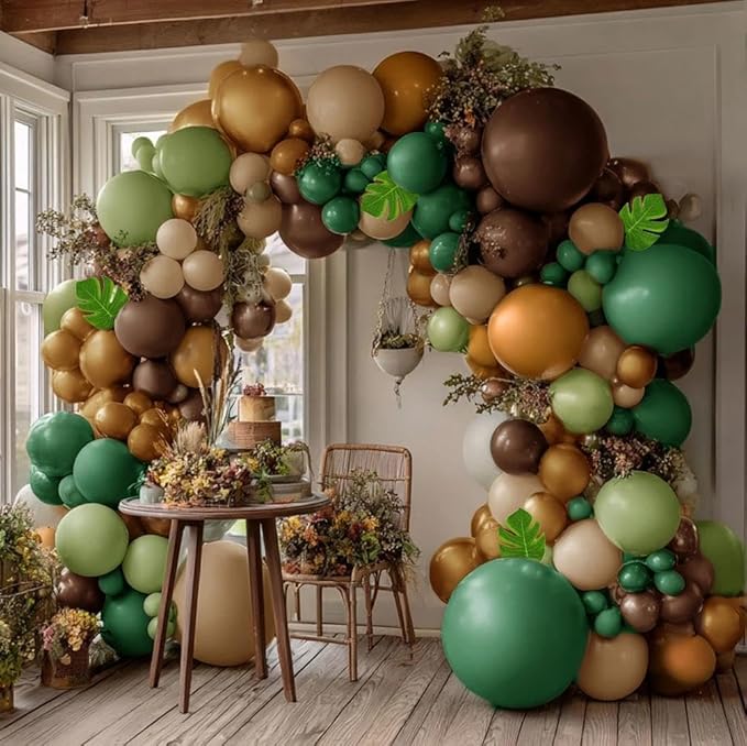 Dark Green Brown Balloon Arch Kit Double Stuffed Sage Green Nude Tan Apricot Balloon Garland with Palm Leaves for Baby Shower Safari Dinosaur Birthday Party Decoration