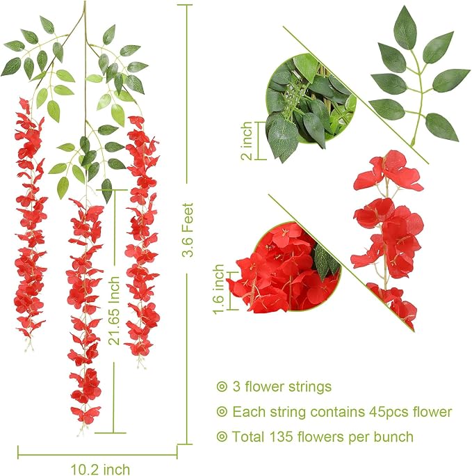 U'Artlines 24 Pack (Total 86.4 Feet) Artificial Fake Wisteria Vine Rattan Hanging Garland Silk Flowers String Home Party Wedding Decor (24, Red)