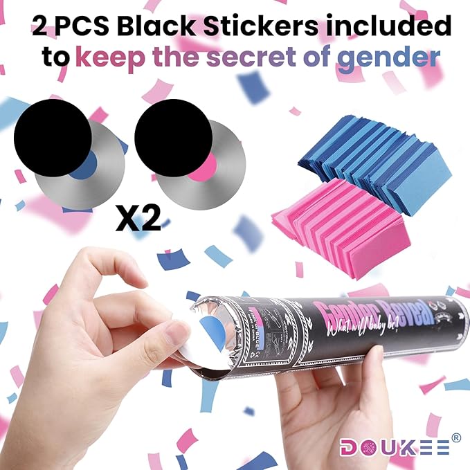 Gender Reveal Confetti Cannon, DOUKEE Biodegradable Pink or Blue Confetti Poppers Baby Shower Cannon for Boy or Girl Baby Reveal Party Supplies 2PK (1Pink 1Blue)
