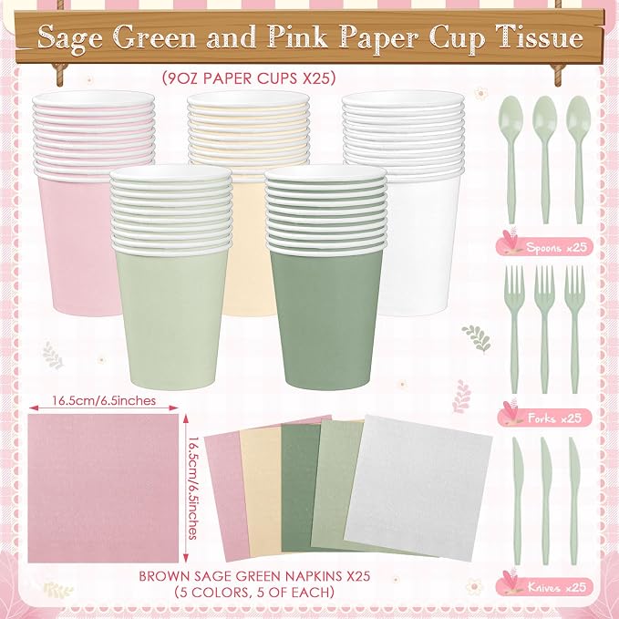 Mimorou 177 Pcs Sage Green and Pink Plates and Napkins Set Serves 25 Guests Gradient Green and Pink Tablecloth Plates Cup and Napkins Tableware for Birthday Wedding Bridal Baby Shower Party Supplies