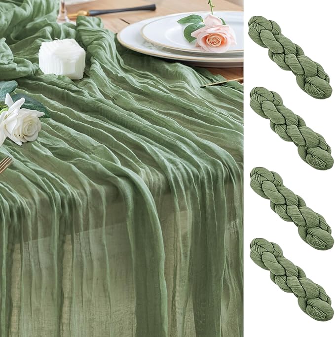 Wokceer Cheesecloth Table Runner 4Pack 10FT Sage Green Christmas Gauze Fall Cheese Cloth Table Runner for Party Easter Rustic Sheer Table Runners for Baby Bridal Shower Wedding