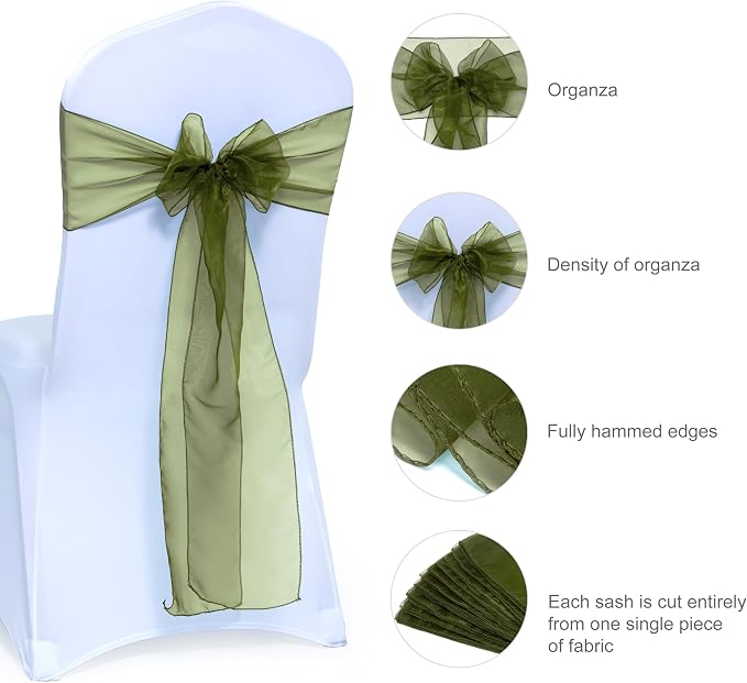 MDS® Pack of 75 Organza Chair Sashes for Wedding Decoration, Reusable Sheer Chair Bows for Banquet Chair Cover, Reception, Bridal Shower, Baby Shower, Birthday Party & Special Events - Olive Green