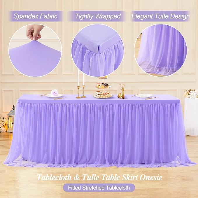 2-in-1 Lavender Tulle Tablecloths with Skirt for 6 Foot Rectangle Tables Party Ruffle Tutu Tablecloth 6FT Stretch Fitted Table Cover for Wedding Reception Birthday Baby Shower Celebration Banquet