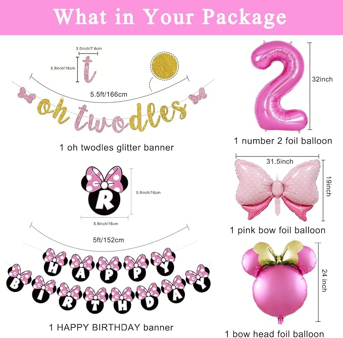 Pink 2nd Birthday Party Supplies, Oh Twodles Girl Second Party Decorations Includes Happy Birthday Banner, Hanging Swirls, Tablecloth, Cake Cupcake Toppers, Bow Foil Balloon, Latex Balloons