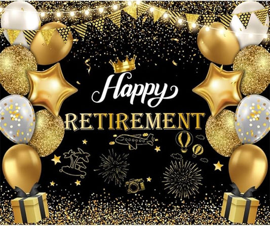 10x10ft Happy Retirement Photography Backdrop Black and Gold Retirement Party Decorations Backdrop Background Balloons White Lights Glitter Celebrate Retirement Party Supplies Studio Props