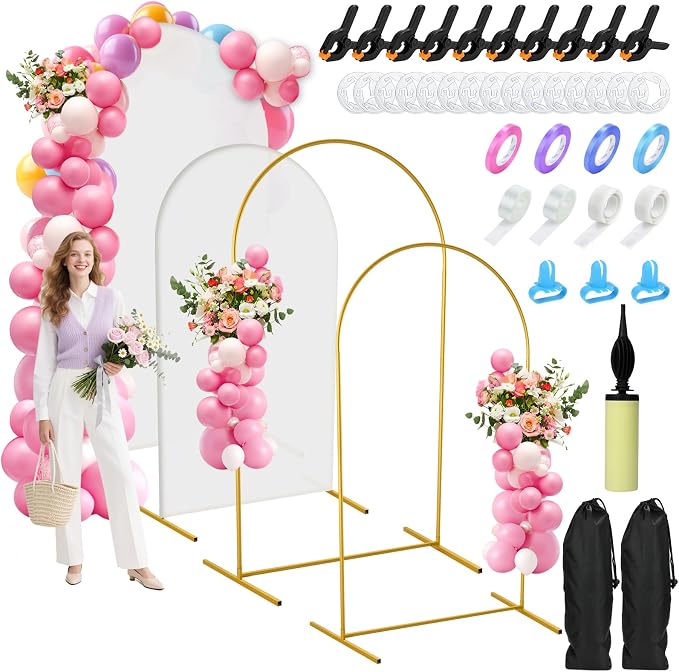 Jupwalz Arch Backdrop Stand and Cover Set, Metal Arch Stand with Rich Balloon Tool for Wedding Birthday Baby Shower Graduation Event Balloon Flowers Decor, Easy to Assemble (7.2FT & 6FT, White)