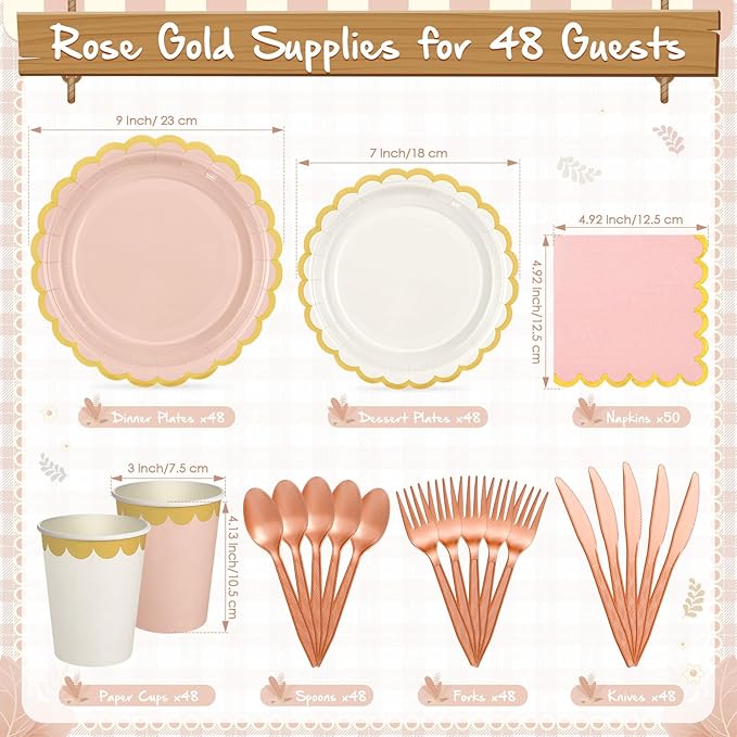 Mimorou 338 Pcs Champagne-gold Beige Plates and Napkins Party Supplies Rose Gold Tableware Include Scalloped Pink Plates Paper Napkin Cup Spoon Fork Knife for Boho Baby Shower, Wedding, Birthday