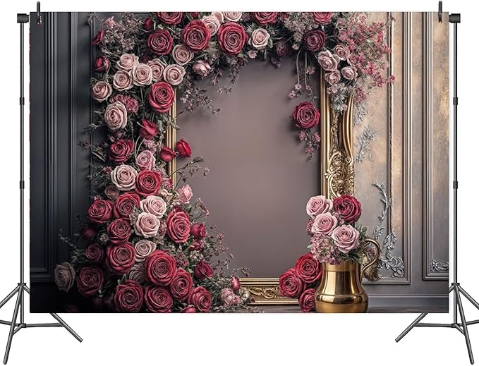 15X10ft Retro Wall Wedding Backdrops Frame Style Pink Red Rose Flowers Purple Wall Background Medieval Interior European Style Photo Background Bridal Birthday Girls Women Decoration Backdrop