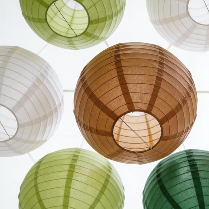 Earth-Tone Paper Lanterns Set (12 Pcs) - 6/8/10 Inch Hanging Lanterns for Jungle/Dinosaur/Rugby Parties, Birthdays & Home Decor（Teal, Coffee, Sage Green, Khaki, White）