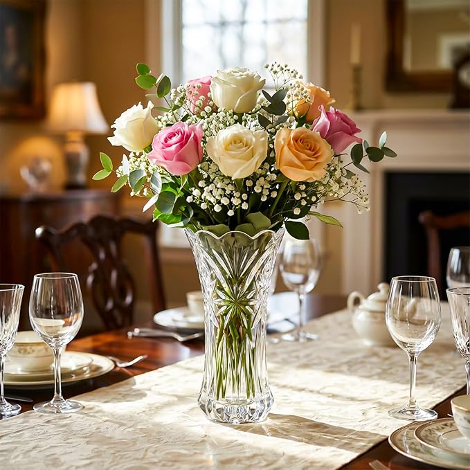 JASVIC 12 Inch Crystal Vases for Flowers, Tall Glass Flower Vase for Bouquet, Elegant Modern Large Vase, Starburst Design Decorative Vase for Living Room Centerpiece, Mother's Day, Wedding Gift