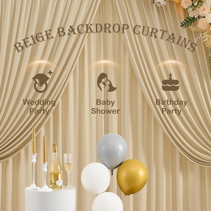 10ftx10ftWrinkle Free Champagne Backdrop Curtains for Parties, 2 Panels Silky Polyester Photo Backdrop Drapes Back Drop Cloth Drapery for Wedding Birthday Photography Baackground