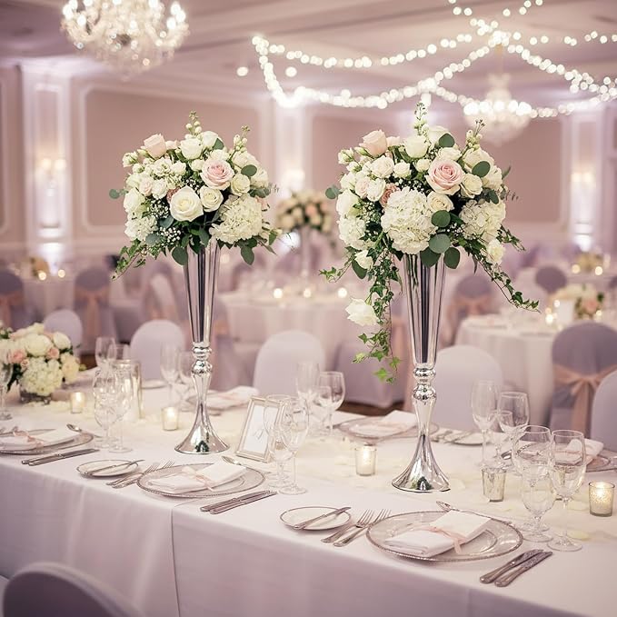 Metal Trumpet Vases for Centerpieces - Set of 10 Elegant Silver Vases for Table, 21.9" Tall Flower Stands for Table Centerpieces Anniversary Celebration Christmas Event Party Home Wedding Decorations