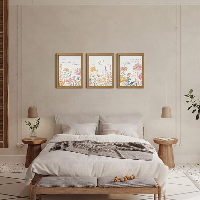 Watercolor Wildflower Wall Art Set of 3, Boho Botanical Flowers Canvas Prints Wall Decor, with Heart Line and romantic song lyrics for couple Gifts and Bedroom Office Home Decor 12x16 In Wood Framed