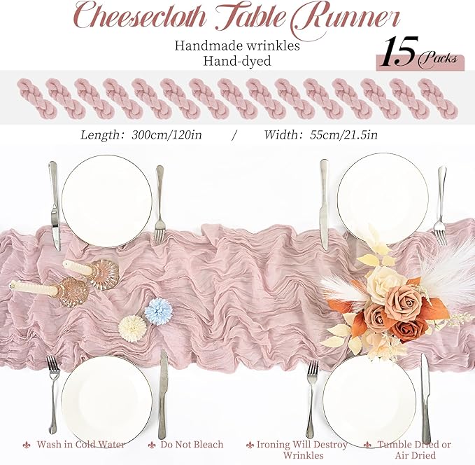 15 Packs Cheesecloth Table Runner Dusty Pink,10 Ft Rustic Gauze Boho Wedding Table Runner Decoration, Wedding Table Decor Table Cloth for Wedding Party Bridal Shower Table,21.5x120in