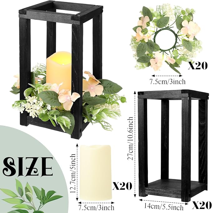 Hushee 60 Pcs Wooden Wedding Lantern Centerpiece Integrated Holders with Candles and Wreaths Rustic Wooden Candle Lantern Decor for Wedding Party Table Valentine Decor (Black)
