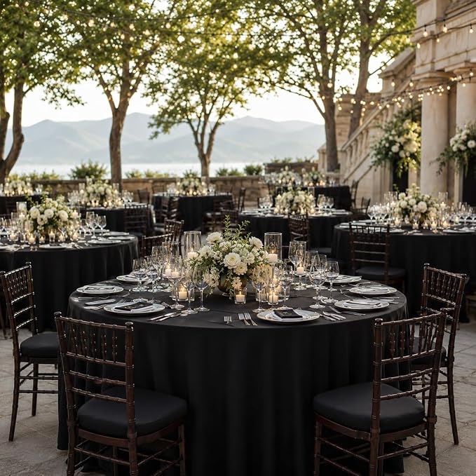Surmente 132 inch Round Tablecloths -5 Pack Black Round Table Cloths, Polyester Fabric Table Covers for Wedding, Party, Banquet, or Restaurant