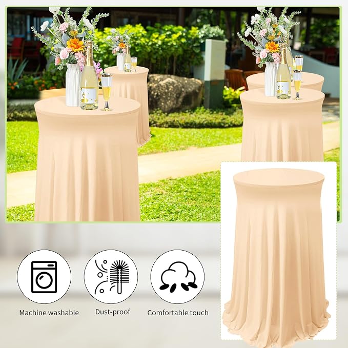 Tegeme 4 Packs Round Spandex Cocktail Tablecloths with Skirt 32 x 43 Inch Cocktail Round Table Cover Spandex Stretch Square Tablecloth Skirt for Table Bar Wedding Party Banquet (Champagne)
