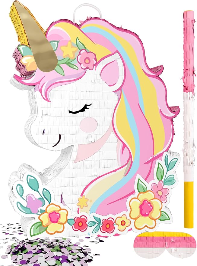 Unicorn Piñata for Birthday Party Girl, Princess Party Piñata with Wood Stick, Blindfold & Confetti, Rainbow Unicorn Birthday Decoration (15.6"x12.6"x3.1")