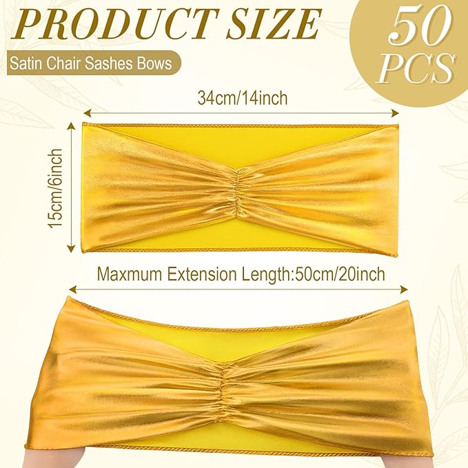 Hahafelt 50 Pcs Chair Sashes Shiny Bow Spandex Bands for Chair Wedding Banquet Parties Reception Restaurant Decoration (Gold)