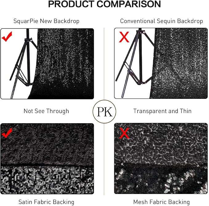 SquarePie 7x7ft Black Sequin Backdrop for Photography, Satin-Backed Real Sequin Curtain, Enhanced Coverage Shimmering Background with 4" Rod Pocket for Wedding, Birthday, Party Decor, 1 Panel