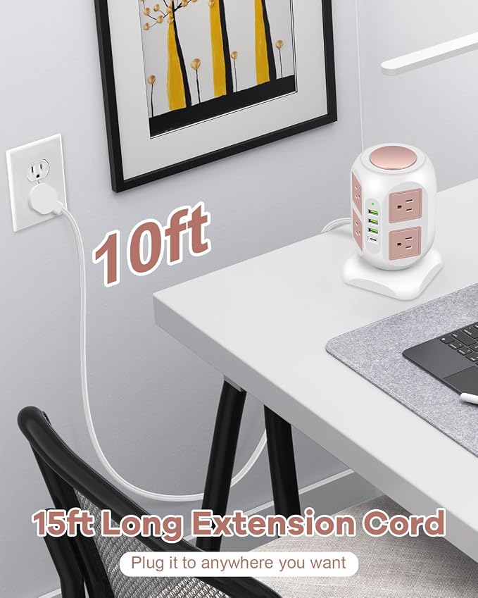 Rose Gold Power Strip Desk Accessories for Women, Girls - Flat Plug Outlet Extender (8 Outlet 4 USB Port) - 10FT Extension Cord Tower Surge Protector - USB C Charging Station - Home Office Room Decor