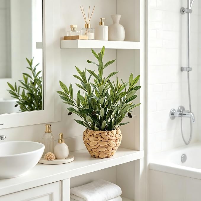 AlphaAcc 17.7" Artificial Olive Plant in Water Hyacinth Basket - Faux Olive Tree for Desk, Office & Mediterranean Decor