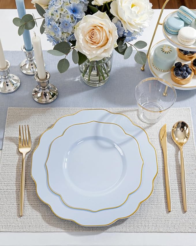 bUCLA 180PCS Blue Plastic Plates - Disposable Light Blue with Gold Rim - Include 30 Each (Dinner & Salad) Plates, 30 Knives, 30 Forks, 30 Spoons, 30 Cups for Party, Party, Birthday & Shower