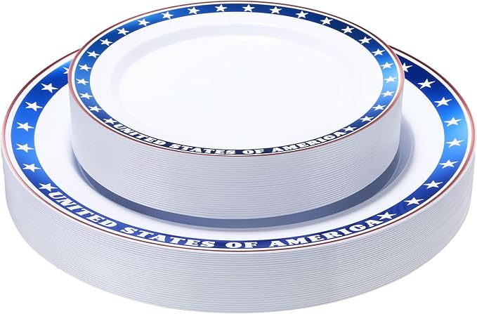 Goodluck 60Pcs 4th of July Plastic Plates, 30 10.25" Dinner & 30 7.5" Dessert Plates, Patriotic Red White and Blue Tableware with USA Flag Design for Independence Day BBQ