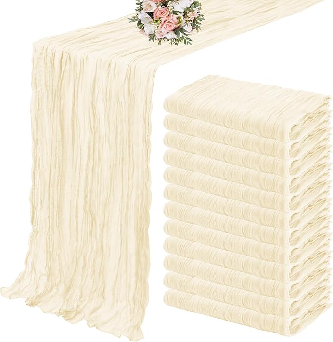 12 Pack Cheesecloth Table Runner 35 x 120 inch Long Boho Cheese Cloth Gauze Table Runners Cream Semi Sheer Table Runner for Wedding Decor, Bridal Shower, Birthday Party (Ivory)