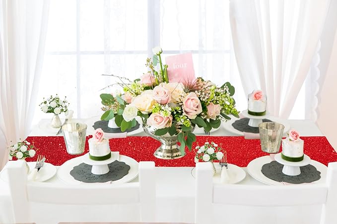 ShinyBeauty Red Table Runners 108 Inches Long Sequin Table Runner Christmas Decorations Sparkletable Linen for Wedding, Party,Outdoor,Cake Table Decor (12"X108",20 Packs)