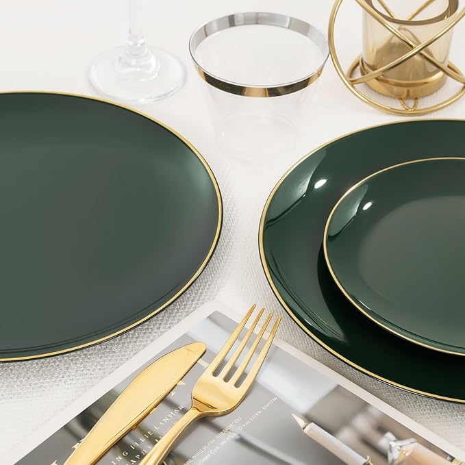 WDF 150Pcs Green Plastic Plates - Green Plates Disposable with Gold Rim - 25Guest Disposable Dinnerware Include 50 Plastic Plate, 75 Gold Cutlery & 25 9oz Cups for Wedding/Party/Birthday