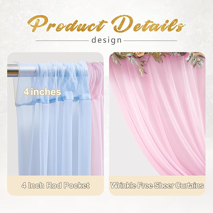 10x10ft Baby Pink Blue Tulle Backdrop Curtain with Lights String for Parites, Sheer Photo Backdrop Drapes with Lights for Wedding Backdrop Ceremony Reception Bridal Shower Baby Shower Birthday Party