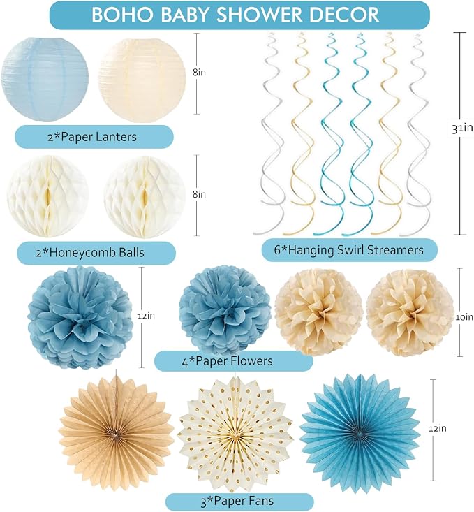 Light-Dusty Blue Boho Baby Shower Party-Decorations Beige Champagne Boy Neutral Welcome Baby Banner Décor With Honeycomb Balls Circle Dots Garland Lantern PomPoms Flowers Hanging Swirls Party Supplies
