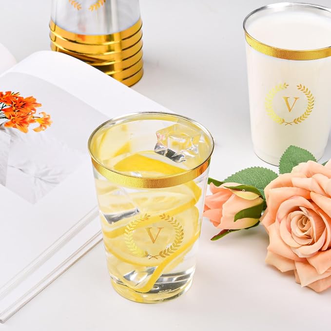100 Pieces Monogrammed Plastic Cups Gold Foil Letter V Disposable Cups 12 oz Clear Initial Party Cups for Wedding Birthday Baby Shower Personalized Party Drinkware