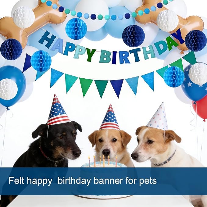 Pre-Strung Happy Birthday Decor Blue, 3D Felt Birthday Banners Poms Pom Fabric Party Garland, Felt Pennant Flat, with 10PCS Honeycomb Balls, Blue Reusable Party Celebration Decorations