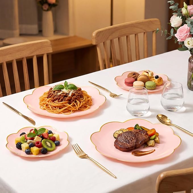 supernal 60pcs Pink Scalloped Plastic Plates with Gold Rim,Heavy Duty Plastic Disposable Plates Includes:30 Dinner and 30 Dessert Plate Perfect for Wedding, Bridal Shower, Mother's Day&Parties