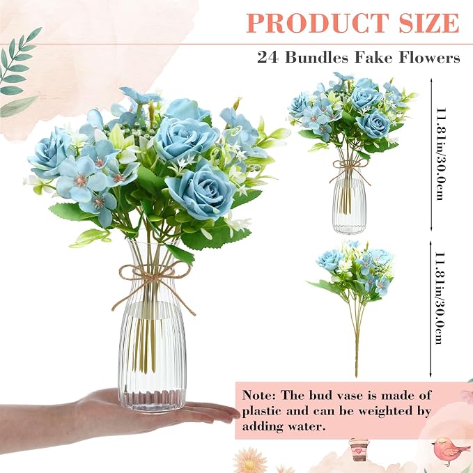 Thiccywoov 36 Pack Artificial Mini Rose Flowers with Vase Bulk, 24 Bundles Silk Rose Flower Artificial Bouquet 12 Plastic Vase with Rope Table Centerpiece Arrangement Wedding Party Deco (Blue)