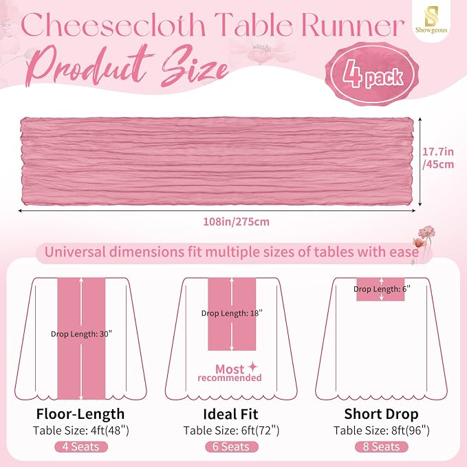 4 Pack Dusty Rose Cheesecloth Table Runner 17 x 108 inch Boho Gauze Table Runner Rustic Sheer Cheese Cloth Table Decorations for Wedding Party Baby Bridal Shower Birthday Holiday Home