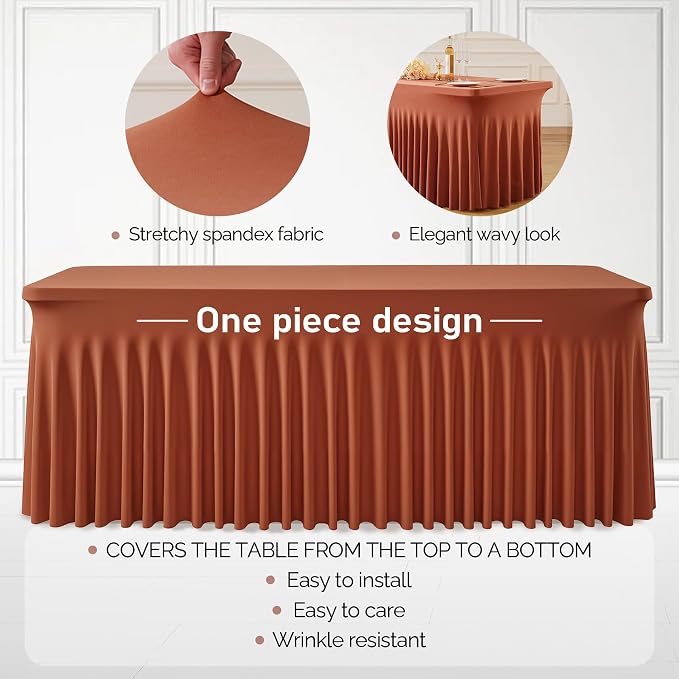 1 Pack Terracotta Spandex Tableclothes for 8 Foot Rectangle Tables, Wrinkle Free 8ft Fitted Table Cover Stretch Table Cloth Desk Skirt for Weddings Baby Shower Birthday Party Banquet Decorations
