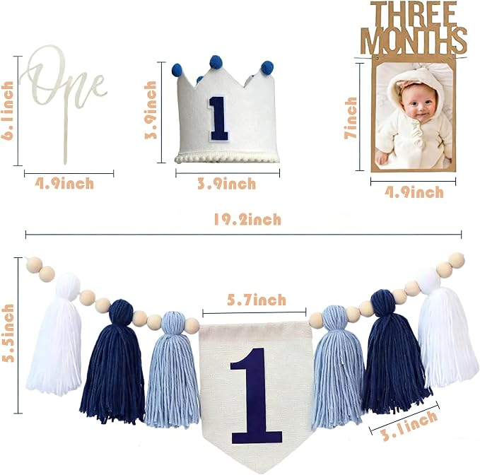 Handmade 1st Birthday High Chair Banner Birthday Decorations for Baby Boy with Garland Crown Hat Wild One Cake Topper Baby Photo Banner for Boy Wall Hangings Decorations(White)