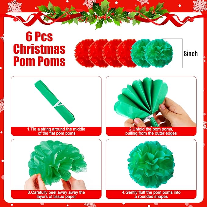 Outus Christmas Hanging Decorations Xmas Candy Paper Fans Tissue Pom Poms Colorful Paper Lanterns for Winter Holiday Party Supplies Classroom Ceiling Wall Decor
