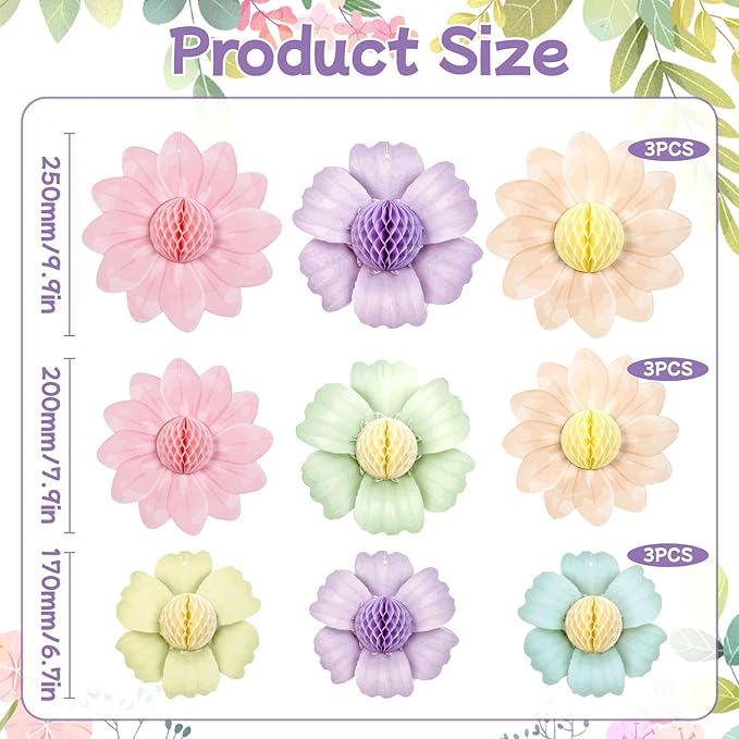 Paper Jazz 9PCS Paper Flowers Party Decorations,Pastel Honeycomb Butterfly Party Decoration,Fairy Birthday Party Decoration for Garden Tea Party Floral Baby Shower.