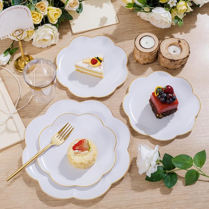 ejonirinjonir EI 180pcs White Plastic Plates with Gold Plastic Silverware,Heavy-Duty Disposable Plates for Party,White Dinnerware Set for 30 Guest Wedding,Birthday,Spring Afternoon Tea