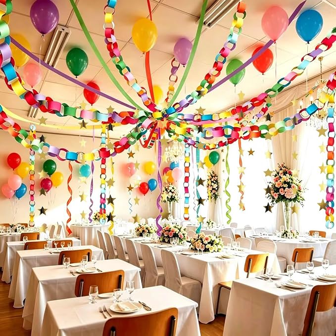 Rainbow Paper Chain Garland Party Decorations Include 400 Sheet Paper Chain Strips,492ft Crepe Paper Streamers,52ft Star Strips Hanging,24 Balloons for Kid's Birthday Wedding Party Supplies