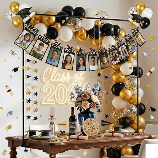 Over The Table Rod Stand with K-12 Graduation Photo Banner, Adjustable Heavy Duty Metal Table Balloon Arch Stand with Clamps Kindergarten to 12th Grade 4x6 Picture Display for High School Graduation