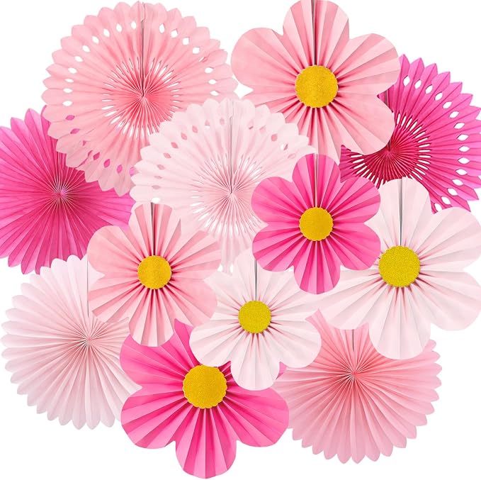 Pink Party Decorations, 12PCS Paper Fans Flowers Wall Backdrop for Wedding, Birthday, Baby Shower, Bridal Shower, Nursery, Indoor Outdoor Classroom Decor