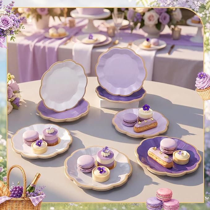 72 Pcs Purple Paper Plates 9 Inch Lavender Gradient Scalloped Paper Disposable Dinner Dessert Plates for Birthday Wedding Bridal Baby Shower Party Supplies, 6 Colors