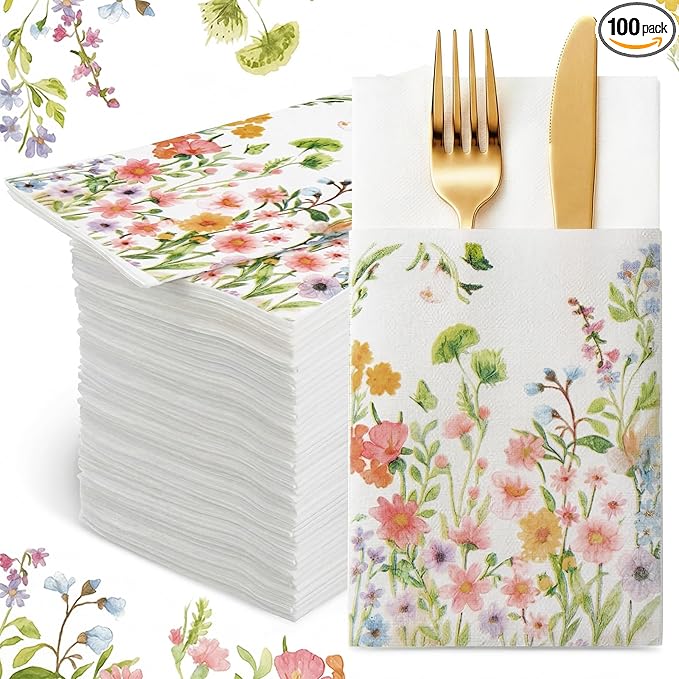 Potchen 100 Linen Feel Napkins Disposable Cloth Like Napkins Prefolded Hand Towel with Built-in Flatware Pocket Cocktail Hand Towel for Wedding Bridal Shower Supplies(100 Pcs,Wildflower)