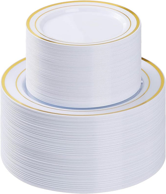 BESTVIP 200PCS Gold Plastic Plate, Disposable Party Plates with 100 Dinner Plates and 100 Dessert Plates, Plastic Plates for Party, Wedding and Birthday